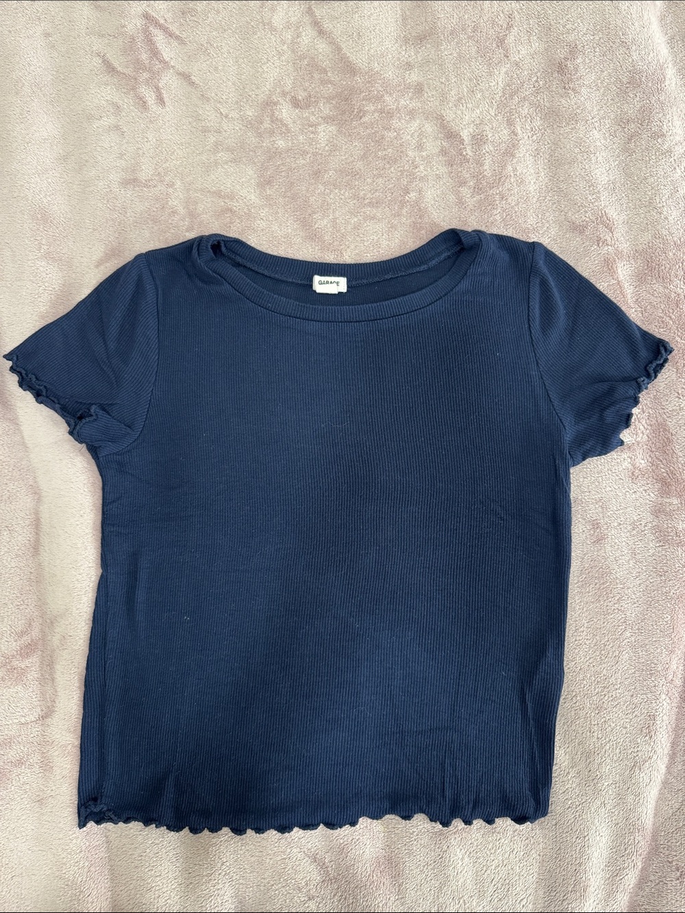 Garage Navy Ribbed Short Sleeve Tee with Lettuce Hem